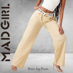 MAD GIRL Graphic Fold-Over Waist Low Rise Wide-Straight Leg Pants NWT/Lg
